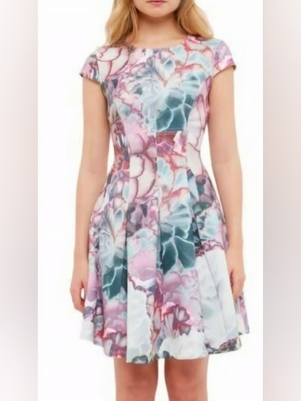 Ted BAKER Floral Fit-and-Flare Dress in Pink & Teal SIZE 8-10